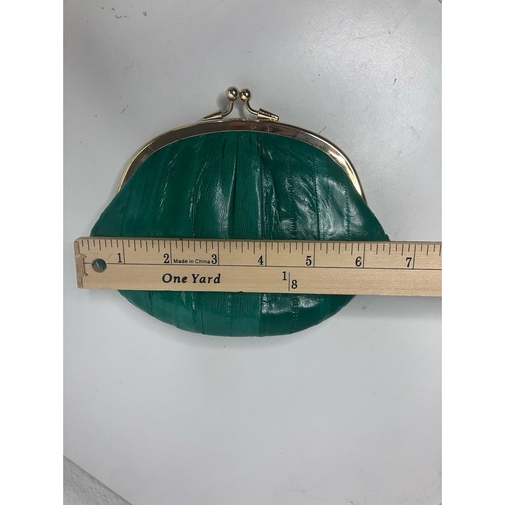 Vintage Rare Green Eel Skin Double Kiss Lock Coin Purse Korea Pleated Gold Frame - Picture 9 of 10